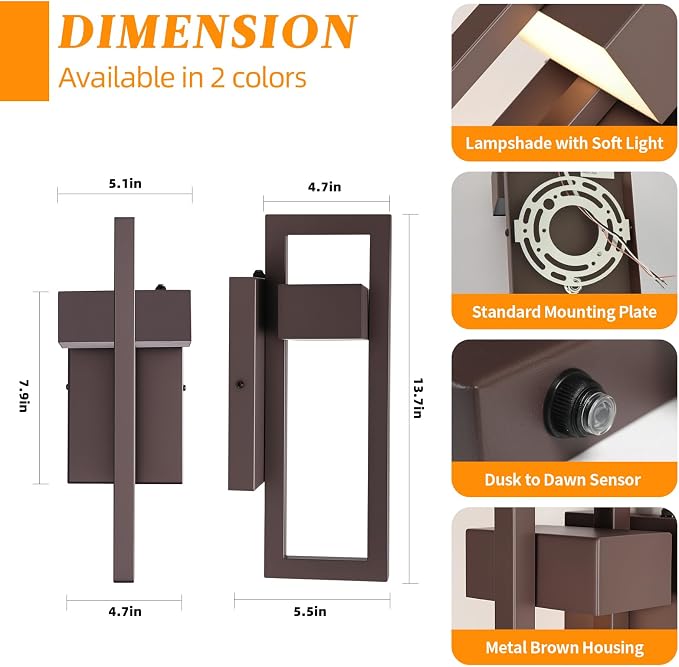 LED Outdoor Wall Sconce Dusk to Dawn Outdoor Lighting, Modern Exterior Lighting Fixtures, Brown LED Front Porch Lights Outside Wall Mount Lights for House, Hallway, Warm White 3000K, 2 Pack