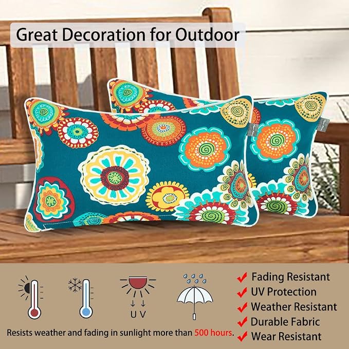Magpie Fabrics Pack of 2 Outdoor Lumbar Pillow Case Covers 12"x20", Waterproof Rectangular Throw Pillowcase Shell Decorative Sham for Patio Garden Couch - Floral Green