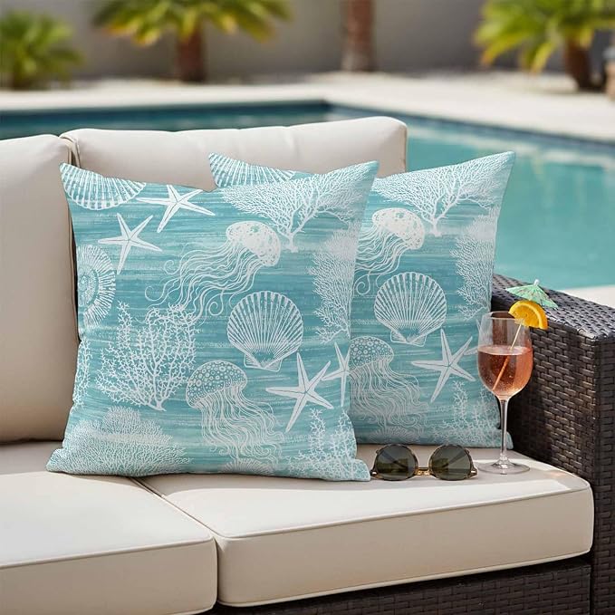 Teal Coastal Outdoor Waterproof Throw Pillow Covers Set of 2, 20"x20", Nautical Starfish Jellyfish Coral Summer Decorative Pillow Covers Outside Cushion Case for Patio Porch Garden