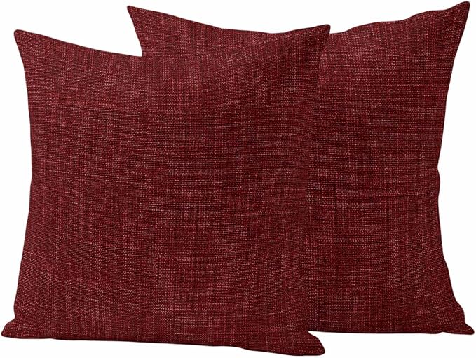 Outdoor Waterproof Throw Pillow Covers Set of 2 Wine Red Linen Pillowcases 16x16 Inches Farmhouse Pure Color Decorative Pillows Cushion Case Patio Pillows for Couch Bed Chair Garden