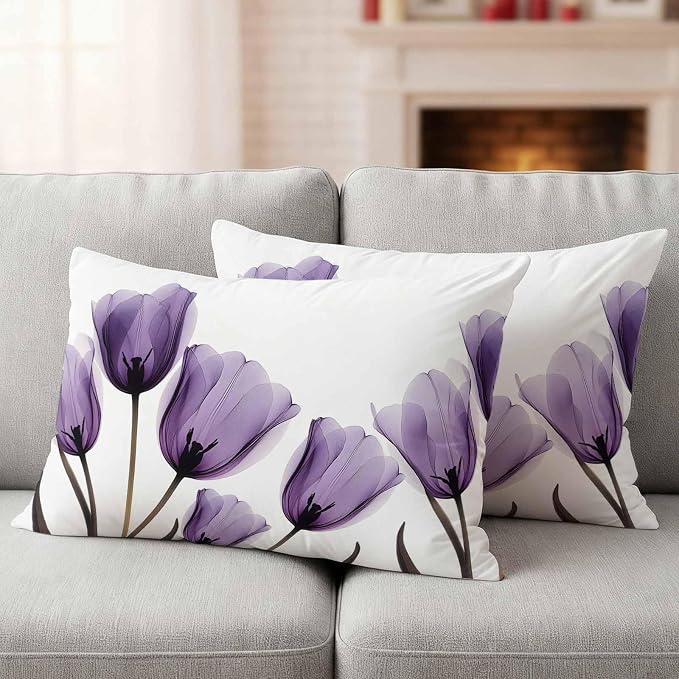 Spring Purple Outdoor Waterproof Throw Pillow Covers Set of 2, 20"x12", Flowers Image of Tulips Floral Decorative Pillow Covers Outside Cushion Case for Patio Porch Garden