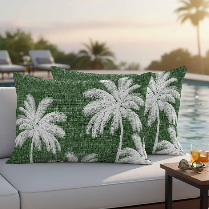 Lumbar Pillow Covers 20x12 Inch Set of 2, Dark Green Palm Trees Waterproof Outdoor Pillow Covers, Farmhouse Tropical Summer Beach Decorative Cushion Pillowcases for Couch, Sofa, Bed, Garden, Patio