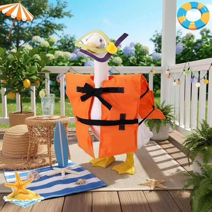 Outus Summer Porch Goose Outfits Set Includes Diving Life Jacket and Diving Snorkel Goggles 23" Goose Porch Clothing for Outdoor Swimming Pool Garden Yard Patio Lawn Statue