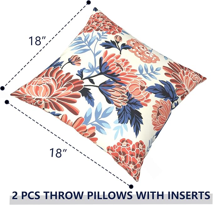 Outdoor Pillows with Insert 18x18 Inch, Waterproof Throw Pillow for Patio Furniture, Decorative Back Cushion for Garden Home Sofa Office Chair, Set of 2, Red Chrysanthemum