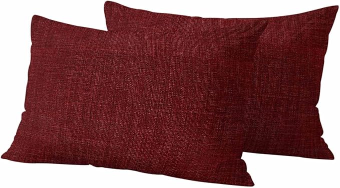 Outdoor Waterproof Throw Pillow Covers Set of 2 Wine Red Linen Lumbar Pillowcases 20x12 Inches Farmhouse Pure Color Decorative Pillows Cushion Case Patio Pillows for Couch Bed Chair Garden