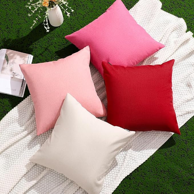 WEMEON Outdoor Waterproof Pillow Covers18x18in Set of 4, Solid Color Pillows Decorative Square Patio Furniture Pillows for Couch Patio Balcony Tent Garden(Red/Pink/Beige)