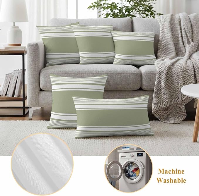 Vandarllin Outdoor Throw Pillows Covers 20x12 inch Set of 2 Waterproof Sage Green Stripes Decorative Zippered Cushion Covers for Patio Furniture, Striped Lines Lumbar Pillowcases