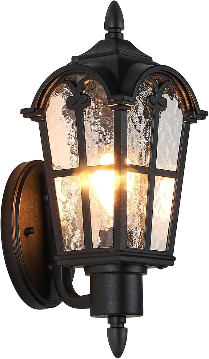 16’’ Large Outdoor Wall Light Fixture, Exterior Wall Lantern Sconce | Waterproof, Rust-resistant, Matte Black, Water Ripple Glass, Quick & Easy Installation, Retro & Traditional