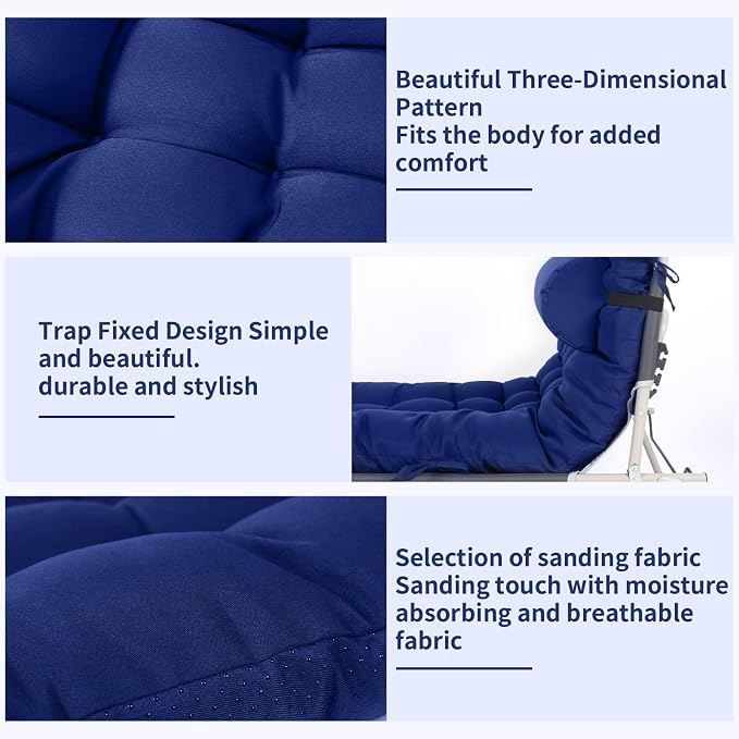 Tudomro Outdoor Chaise Lounge Cushion 66x21x4'' Waterproof & Fade-Resistant Patio Pool Chaise Lounge Cushion Headrest Pillow Tie Replacement Rocking High Back Chair(Navy Blue,Set of 2)
