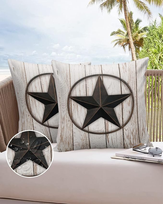 Outdoor Waterproof Pillow Covers for Patio Furniture Western Texas Barn Stars Decorative Throw Pillow Cover Rustic Wooden Pillowcases Set of 2 Cushion Case for Sofa Couch Chair Home Decor 16 x 16 Inch