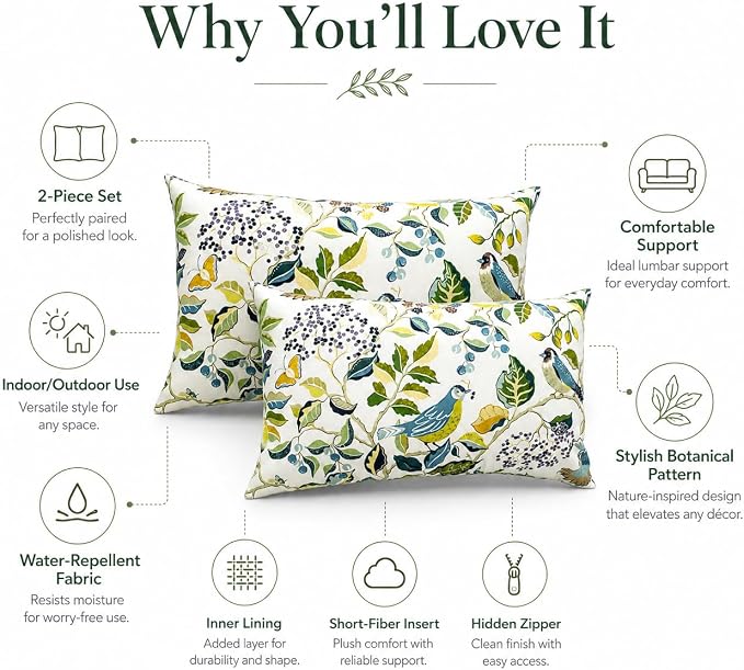 Outdoor Patio Lumbar Pillows Pack of 2, 12"x20" | Fade Resistant Outdoor Waterproof Lumbar Pillow with Inners Decorative Garden Lumbar Cushions for Home Patio Terrace Sofa