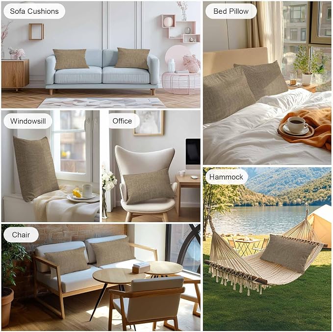 Vandarllin Outdoor Throw Pillows Covers 20x12 inch Set of 2 Waterproof Brown Linen Decorative Zippered Cushion Covers for Patio Furniture, Farmhouse Pure Color Lumbar Pillowcases