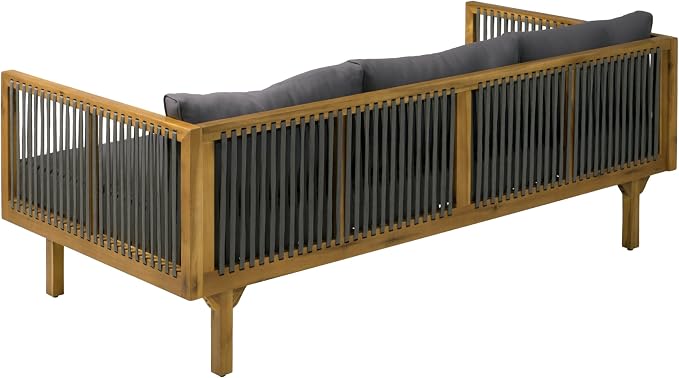 Merax Outdoor Acacia Wood Conversation Set - Patio 3-Seat Loveseat Sofa w/Coushion and Round Coffee Table for Backyard, Lawn, Balcony, Water Repellent, 600 lbs Sofa Capacity, Teak + Gray