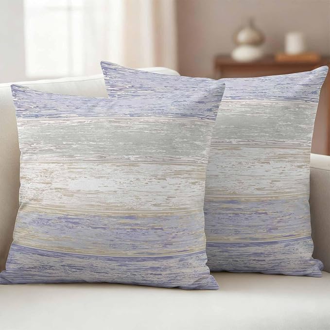 Outdoor Waterproof Throw Pillow Covers, Vintage Purple Grey Decorative Pillow Cases, Farmhouse Barn Wooden Striped Couch Pillow Protector Patio Sofa Cushion Covers Replacement 20"x20" 2 Pack