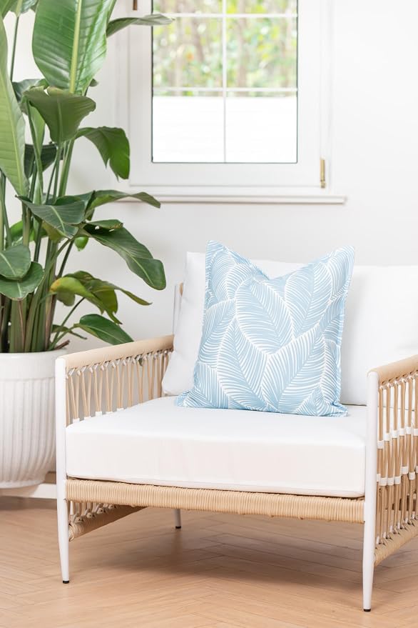 Hofdeco Premium Coastal Hampton Style Patio Indoor Outdoor Pillow Cover Only, 20"x20" Water Resistant for Backyard, Couch, Baby Blue Palm Leaf