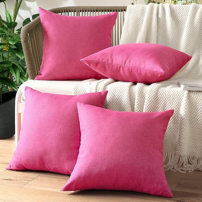 OTOSTAR Set of 4 Outdoor Pillow Covers 18x18 Inch Waterproof Decorative Throw Pillow Covers Square Pillowcases Patio Cushion Case Pillow for Couch Tent Sofa Balcony Bed Outside Decor (Hot Pink)