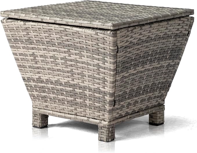 Ochine Outdoor Wicker Storage Side Table, Outdoor Wicker Side Table with Storage, Patio Brown PE Rattan End Table with Storage, Square Container for Furniture Covers, Gardening Tools, etc