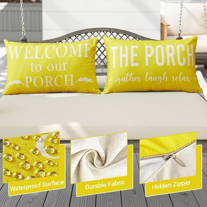 Porch Decor Yellow Outdoor Lumbar Pillow Covers Waterproof 12x20 for Patio | Set of 2, Summer, Porch Decorations Outdoor, Porch Pillows, Outdoor Pillows Waterproof, Outdoor Pillows for Patio Furniture