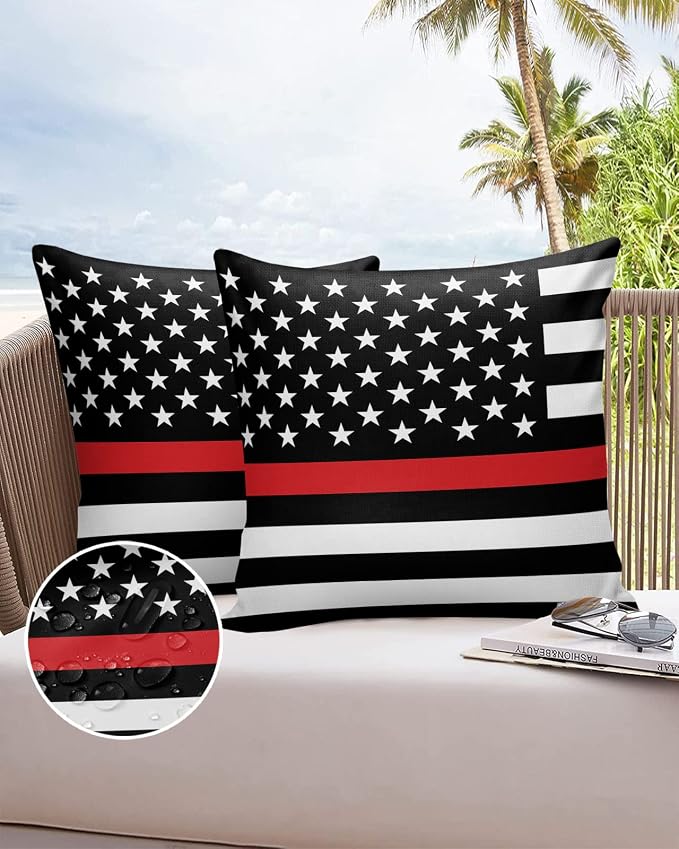Outdoor Waterproof Pillow Covers Set of 2, Thin Red Line Flags American Firefighter Red Stripes Flag Patio Throw Pillow Covers, Decorative Cushion Case for Couch Sofa Furniture Garden, 20x20 Inch