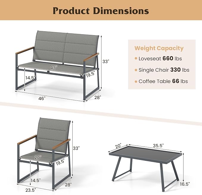 HAPPYGRILL 4-Piece Patio Furniture Set, Modern Sectional Sofa Set w/Fabric Seats, Wood-Plastic Armrests, Tempered Glass Coffee Table, Outdoor Conversation Set for Backyard Balcony Garden Porch (1)