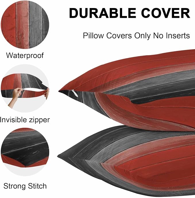 Throw Pillow Covers 24x24 Inch Set of 2, Red Black Ombre Waterproof Outdoor Cushion Covers, Vintage Farmhouse Wooden Decorative Pillowcases for Couch, Sofa, Bed, Garden, Patio