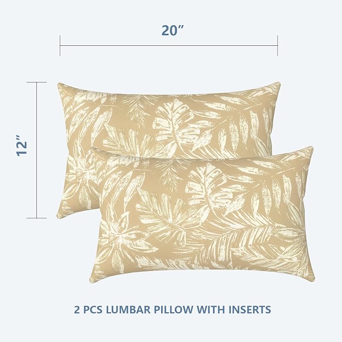LVTXIII Set of 2 Patio Lumbar Pillows, 12" x 20" Fade Resistant Outdoor Lumbar Pillow with Inners, Fluffy Decorative Garden Lumbar Cushions for Home Patio Coach Sofa Use, Tropical Leaf Oat