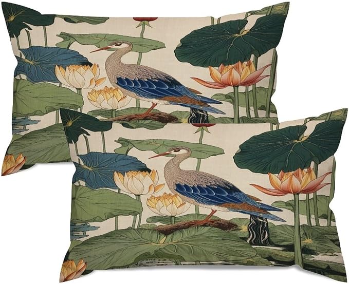 Set of 2 Chinese Pond Bird Decorative Throw Pillow Covers 12x20in Farmhouse Rectangle Accent Pillow Cases Cushion Cover Cases for Sofa Chair Bedroom Home Decor