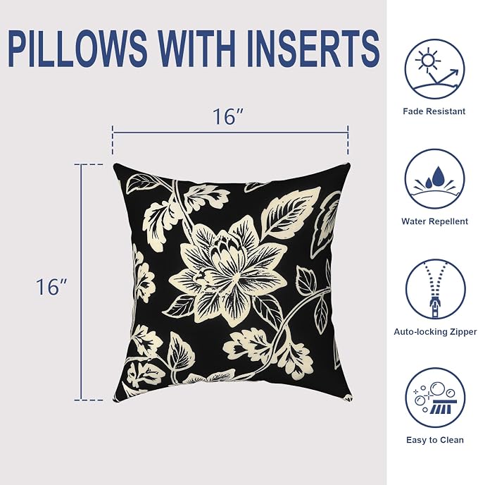 Outdoor 16x16 Inch Throw Pillows, Water Repellent Patio Pillows with Inners Set of 2 for Patio Furniture Home Graden, Elegant Vines Black