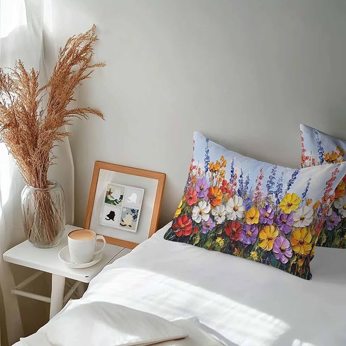 Vintage Wildflowers Waterproof Outdoor Pillow Covers Set of 2 Home Decor, Rustic Oil Painted Abstract Botanical Pillowcase Patio Pillow Covers for Couch Bench Furniture Garden 20x12in