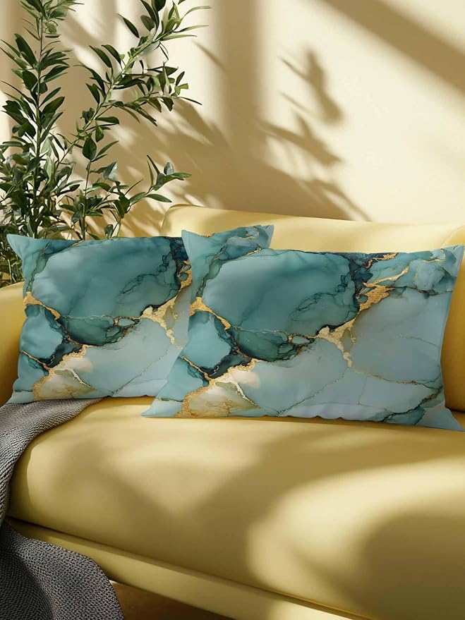 1 Pack Outdoor Throw Pillow, Teal Ombre Marble Waterproof Pillow with Insert Included, Modern Ink Painting Abstract Decorative Accent Cushion Lumbar Pillows for Patio Porch, 12 x 20 in