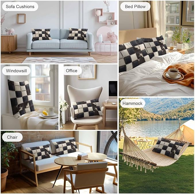 Beige Black Animal Printed Outdoor Pillow Covers 20x12 Inch Lumbar Pillow Covers Set of 2 Waterproof Decorative Throw Pillow Cases Modern Fur Checkered Cushion Covers for Patio Furniture Garden Couch
