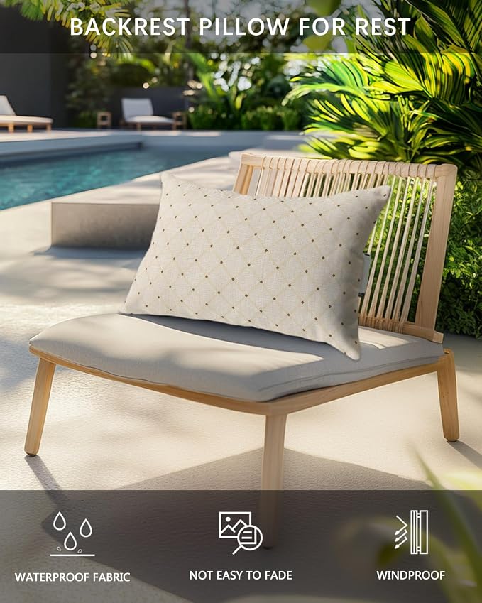 Outdoor Pillows Waterproof Covers Set of 2, Ivory Diamond Pattern Adjustable Elastic Chaise Lounge Head Resting Pillows, Geometric Plaid Lines Lumbar Pillow for Pool Beach Patio Furniture 11x16 Inch