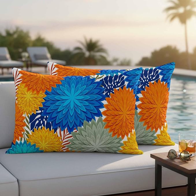 Blue Sage Green Flowers Outdoor Pillow Covers Waterproof, All Weather Cushion Case Set of 2, Boho Colorful Floral Plant Lumbar Pillowcase for Sofa Couch Bed Decor Patio Furniture 20"x12"