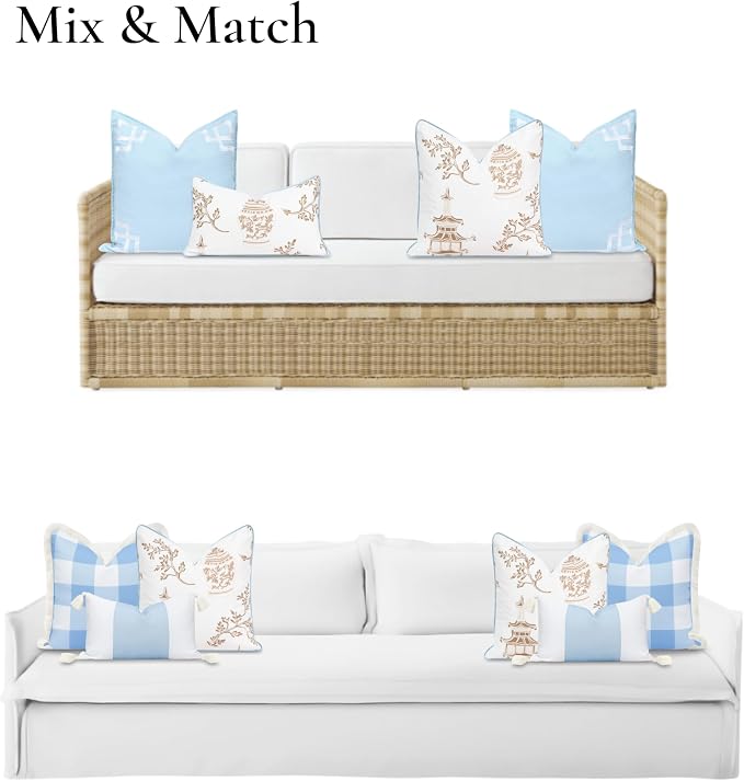 Hofdeco Premium Coastal Patio Indoor Outdoor Throw Pillow Cover Only, 20"x20" Water Repellent for Backyard, Couch, Baby Blue Tan Chinoiserie with Piping