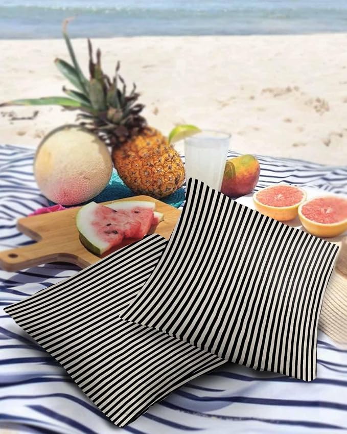 Outdoor Waterproof Throw Pillow Covers Set of 2 Black Stripes Pillowcases 20x20 Inches Linen Classic Vertical Striped Patio Decorative Pillows Cushion Case Patio Pillows for Couch Bed Chair Garden