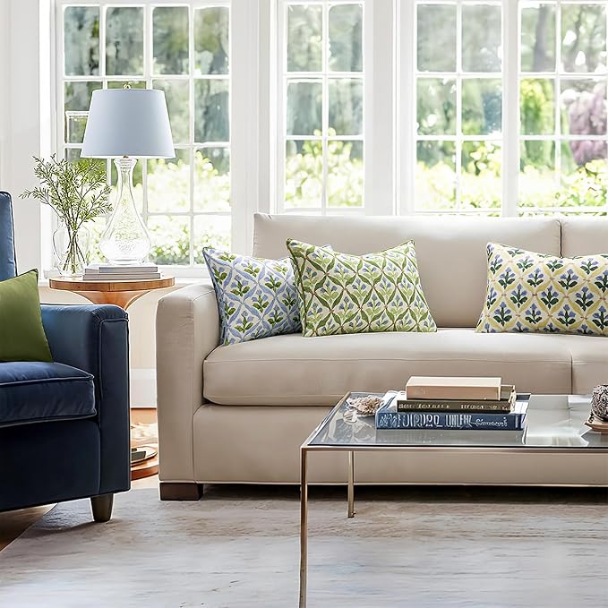 MIULEE Outdoor Floral Pillow Covers Waterproof 12x20 Blue-Green | Decorative Block Print,Boho Farmhouse, Set of 2 Coastal Summer Cushion Covers with Piping,Garden Patio Furniture Porch Couch