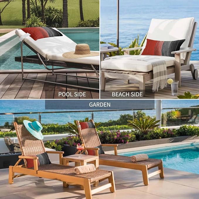 Red Black Ombre Outdoor Pillows for Chaise Lounge Chair Waterproof Lumbar Pillows with Insert&Strap Beach Headrest Pillow Vintage Farmhouse Wooden Recliner Neck Pillow for Patio Pool 12"x20"
