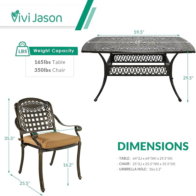 VIVIJASON 9-Piece Outdoor Dining Set, Cast Aluminum Retro Patio Furniture Table and Chairs Set for 8, Include Large 64" Square Dining Table and 8 Chairs with Umbrella Hole for Balcony Garden, Khaki