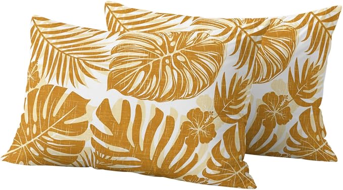 Vintage Yellow Palm Leaves Outdoor Pillow Covers 20"x12" Set of 2, Tropical Botanical Minimalist Modern Waterproof Throw Pillow Covers for Patio Furniture, Decorative Cushion Covers for Porch