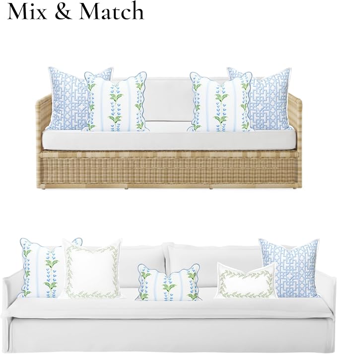 Hofdeco Premium Grandmillennial Coastal Hampton Patio Indoor Outdoor Throw Pillow Cover Only, 20"x20" Water Repellent for Backyard, Couch, Poolside, Blue Green Print Striped Lily of the Valley