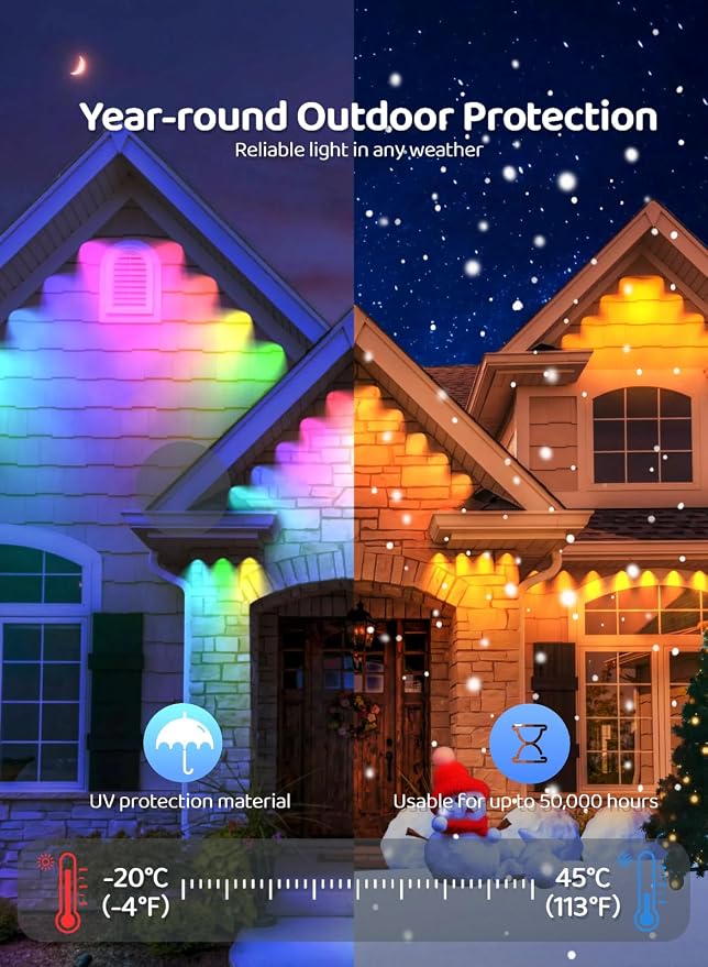 Gaoxun 100ft Permanent Outdoor Lights, RGBW Smart Eaves Lights with 36 LED, APP/Remote Control, Dimmable, 47 Scene Modes, DIY Modes, IP67 Waterproof Christmas Lighting for Daily Holiday Decorations