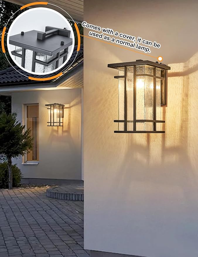 Rustic Dusk to Dawn Outdoor Wall Light Fixture 13.8"H Waterproof Exterior Wall Sconces Black Metal with Seeded Glass Sensor Outdoor Wall Lantern for House Patio Porch,Entryway,Garage Wall Lamps