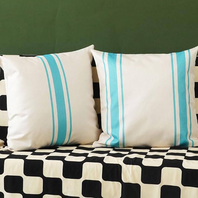 ONWAY Outdoor Pillow Covers Waterproof 20x20 Set of 2 Decorative Linen Throw Pillow Cover Beige and Blue Striped Outdoor Pillows for Patio Furniture