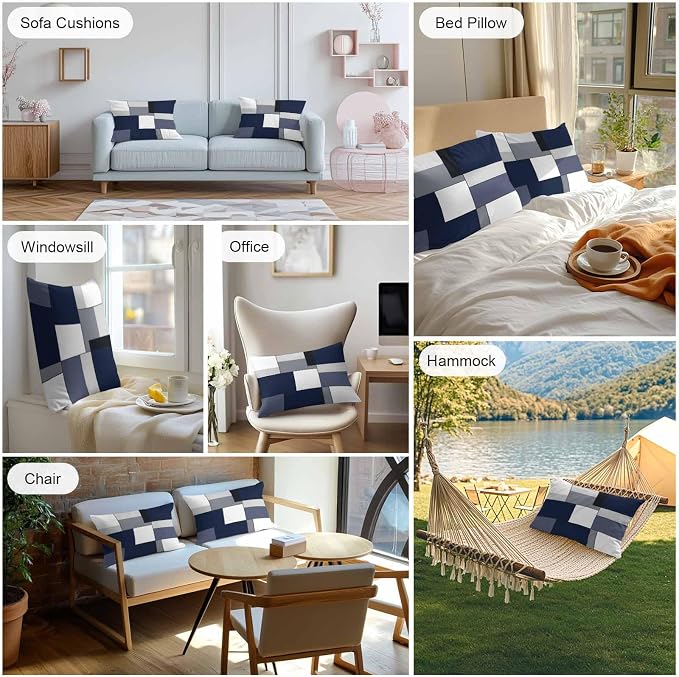 Modern Blue White Grey Plaid Outdoor Pillow Covers 20x12in Pack of 2 Waterproof Pillowcase Abstract Geometric Checkered Decorative Throw Cushion Case for Patio Couch Sofa