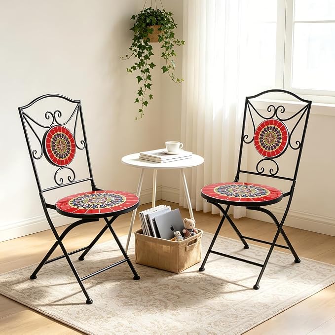 Folding Patio Chairs Set of 2 Mosaic Bistro Chair Outdoor Seating | Garden Patio Furniture Seating Heavy Duty Metal Frame Dining Chairs for Lawn Yard Balcony Porch Backyard Poolside