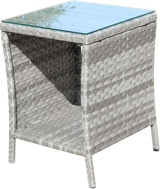 Rattan Side Table with Glass Top, Outdoor Wicker End Table for Patio, Porch, Garden, 19.25" Square, 21" Tall, 120 Lbs Capacity, Weather-Resistant PE Rattan, Easy Assembly