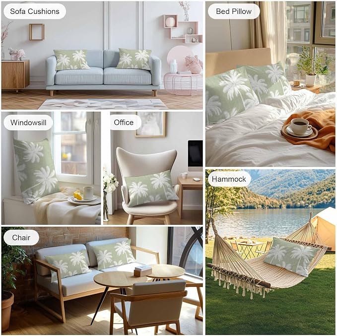 Lumbar Pillow Covers 20x12 Inch Set of 2, Sage Green Palm Trees Waterproof Outdoor Pillow Covers, Farmhouse Tropical Summer Beach Decorative Cushion Pillowcases for Couch, Sofa, Bed, Garden, Patio