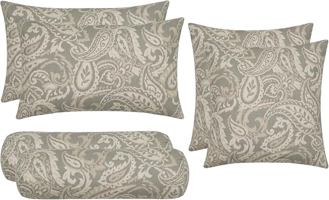 RSH DECOR Set of 6 Outdoor Pillow, Outdoor Pillows for Patio, Pillows w/Polyester Pillow Cases | Water & Fade Resistant Fabric | 17" Square, 20x12 Lumbar, 20x6 Neck Roll - Ayideal Fossil