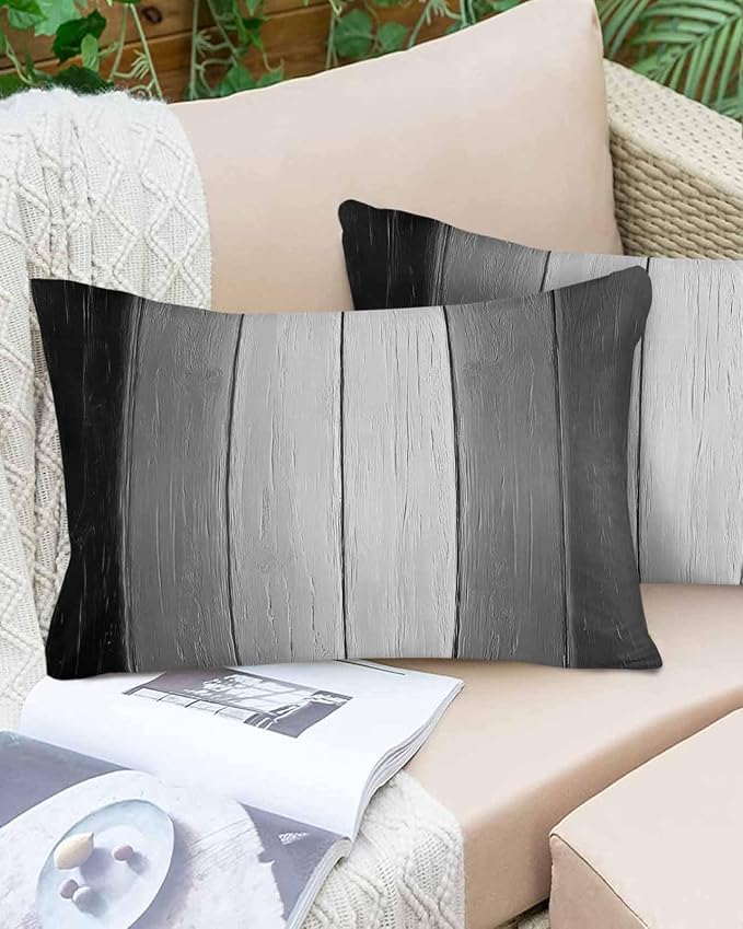 Lumbar Pillow Covers 20x12 Inch Set of 2, Black Gray Ombre Waterproof Outdoor Cushion Covers, Vintage Country Wooden Decorative Pillowcases for Couch, Sofa, Bed, Garden, Patio