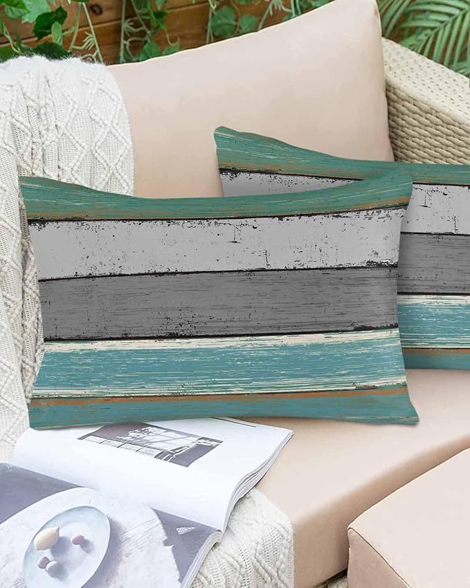 Outdoor Throw Pillow Covers 12X20 Set of 2 Waterproof Teal Green Gray Sea Decorative Zippered Cushion Covers for Patio Furniture, Farmhouse Retro Rustic Barn Wood Texture Lumbar Pillowcases